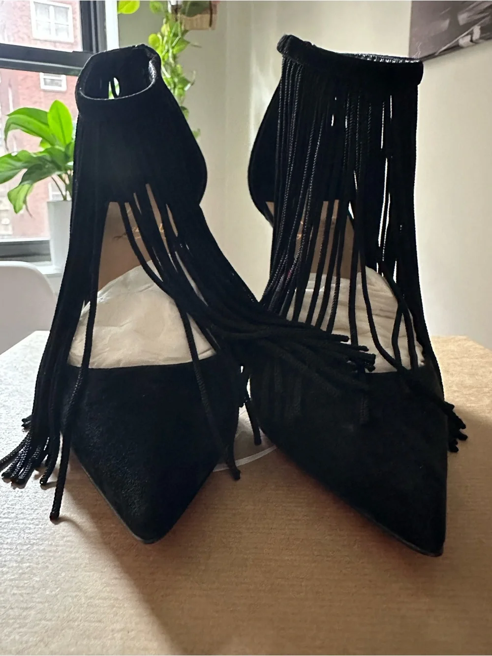 Christian Louboutin Black Suede Fringe Pointed Toe Stiletto Heels - Picture 5 of 12